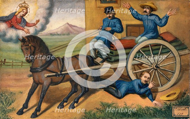 A man praying to the Virgin as he is run over by a horse-drawn cart carrying textiles. Creator: Unknown.