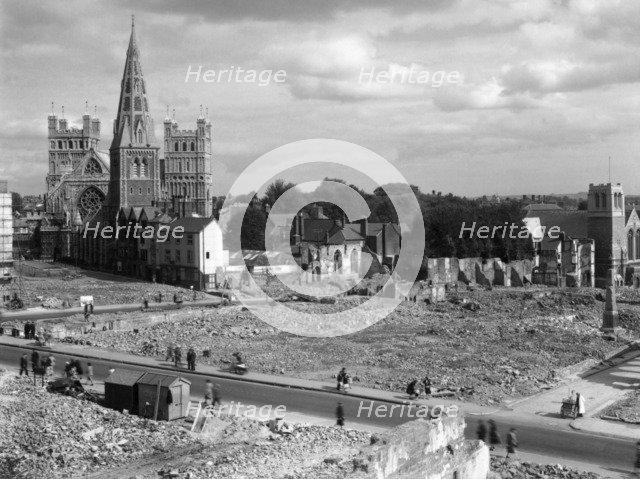 Bomb damage around Exeter Cathedral, Devon, c1942. Artist: Margaret Tomlinson.