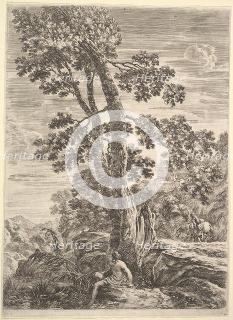 A fisherman at center facing left and leaning against a large tree, a woman walking..., ca. 1652-57. Creator: Stefano della Bella.