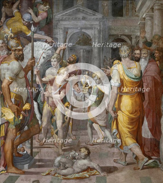 Peter of Aragon gives kingdom to Pope Innocent III, c. 1565. Creator: Agresti, Livio (1508-1580).