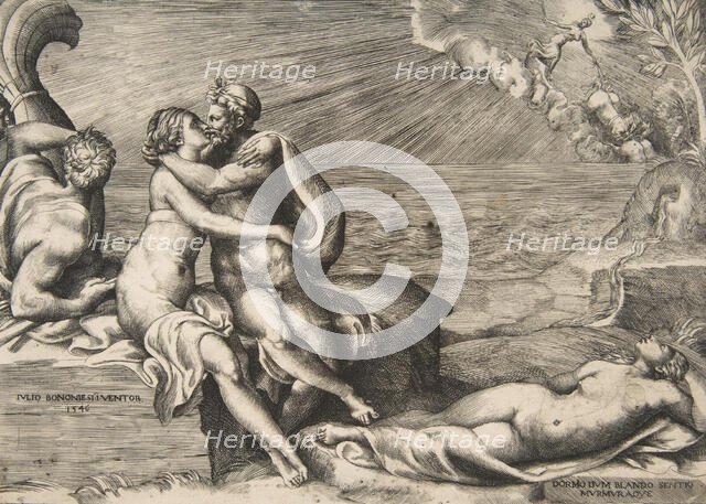 Jupiter's love for Juno rekindled when she puts on Venus's Girdle, 1546. Creator: Giulio Bonasone.