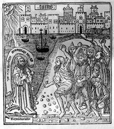 Ramon Llull (1233-1315-16), Catalan writer, engraving of his martyrdom and stoning in Tunisia, pr…