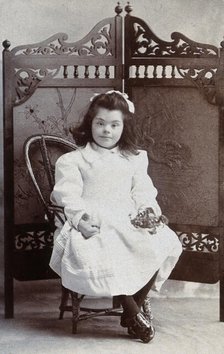 A girl with Down's syndrome, sitting in front of an ornate wooden screen..., c1870s. Creator: Charles Marshall.
