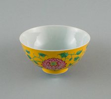 Bowl with Peony and Scrolling Peony Stems, Qing dynasty, Kangxi yuzhi mark and period, c. 1716-1722. Creator: Unknown.