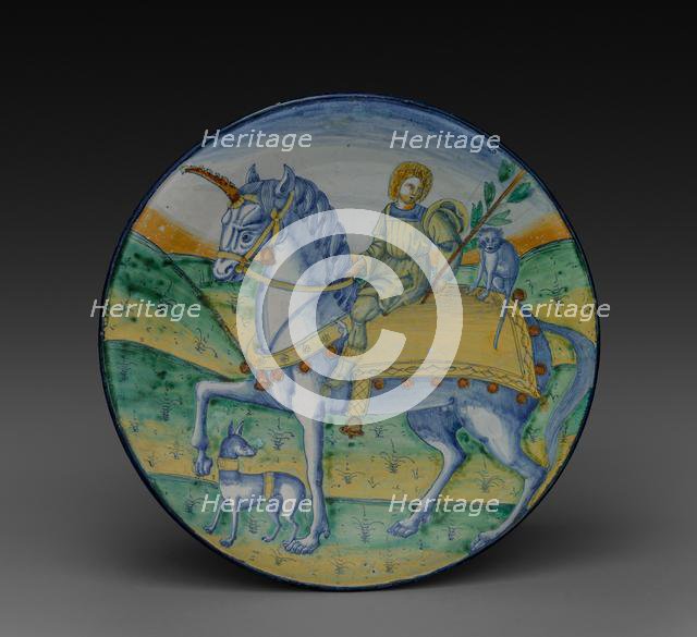 Plate: Man Riding a Unicorn, c. 1510. Creator: Jacopo Caffagiolo (Italian), circle of.