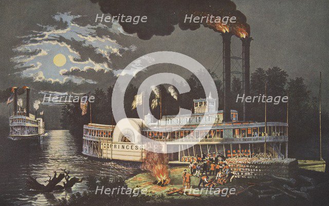  'Wooding Up' On The Mississippi, pub. 1863, Currier & Ives (Colour Lithograph)
