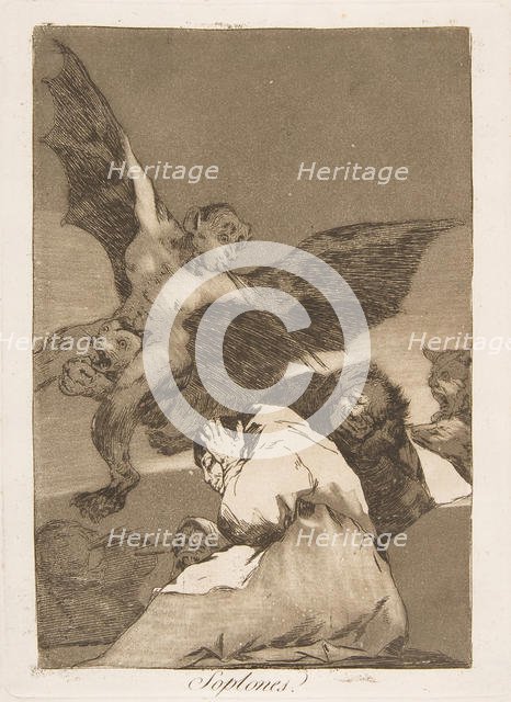 Plate 48 from' Los Caprichos': Tale-Bearers-Blasts of Wind (Soplones.), 1799. Creator: Francisco Goya.
