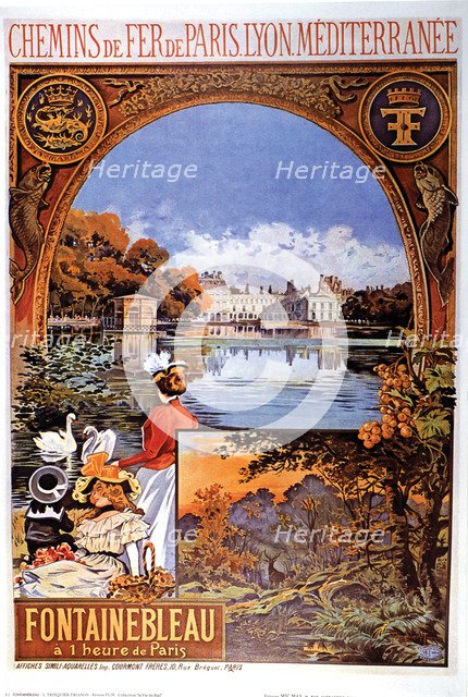 Poster advertising French railways of Paris Lyon, promoting the city of Fontainebleau.