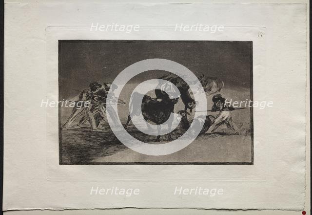 Bullfights: The Moors Use Donkeys as a Barrier to Defend Themselves Against the Bull..., 1876. Creator: Francisco de Goya (Spanish, 1746-1828).