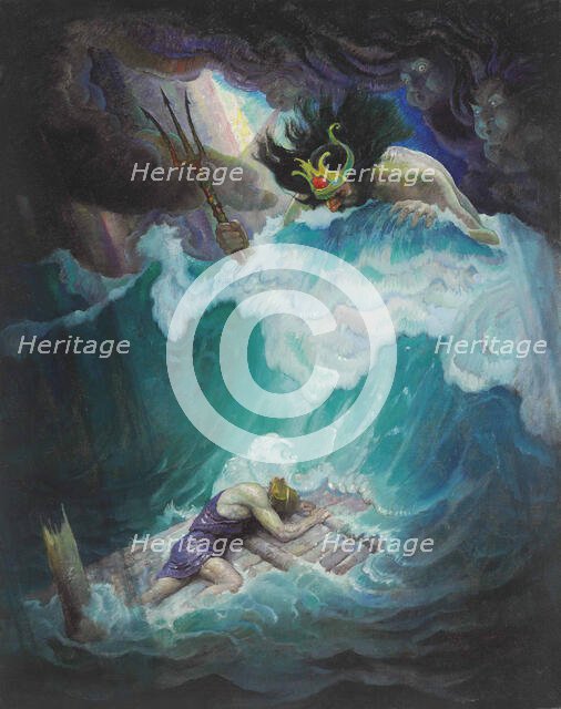 The Raft of Odysseus (Neptune Battles with Odysseus), 1929. Creator: Wyeth, N. C. (Newell Convers) (1882-1945).