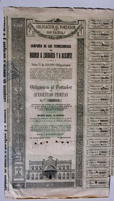 Obligation of 500 pesetas of the Compañía de los Ferrocarriles de Madrid a Zaragoza y a Alicante,…