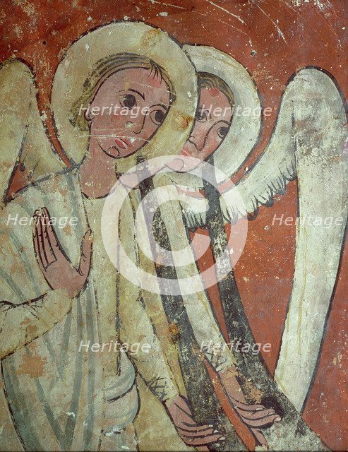 Mural of a sepulchral monument from San Pablo de Casserres, representing angels with long trumpet…