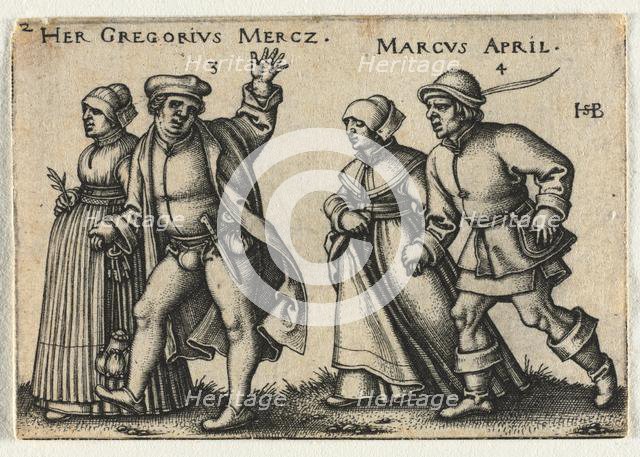 The Peasant Wedding or the Twelve Months: 3-Her Gregorius Mercz 4-Marcus April, 1546. Creator: Hans Sebald Beham (German, 1500-1550).