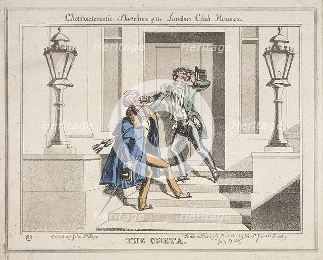 View of two drunken revellers on the steps of Crockford's Club, London, 1829. Artist: John Phillips