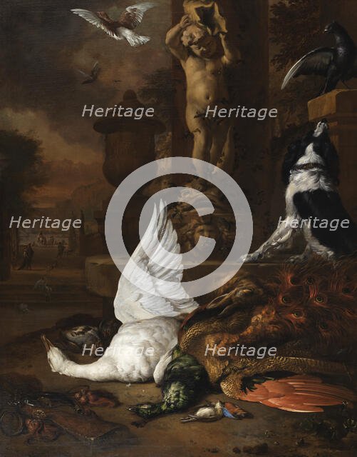 Still life with dead swan, a peacock and a dog by a garden fountain, 1684. Creator: Jan Weenix.