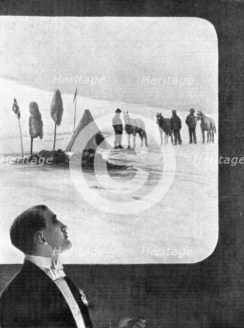 Lieutenant Shackleton giving his lecture before the Royal Geographical Society...1909. Creator: Samuel Begg.