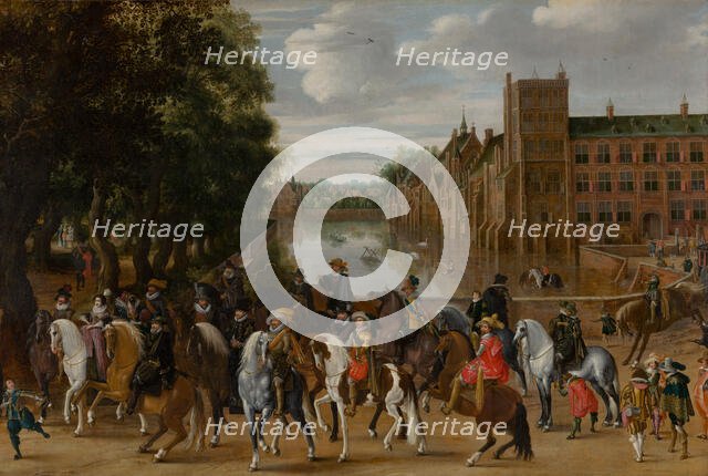 The Princes of Orange and their Families on Horseback, Riding Out from The Buitenhof, The Hague. Creator: Pauwels van Hillegaert I.