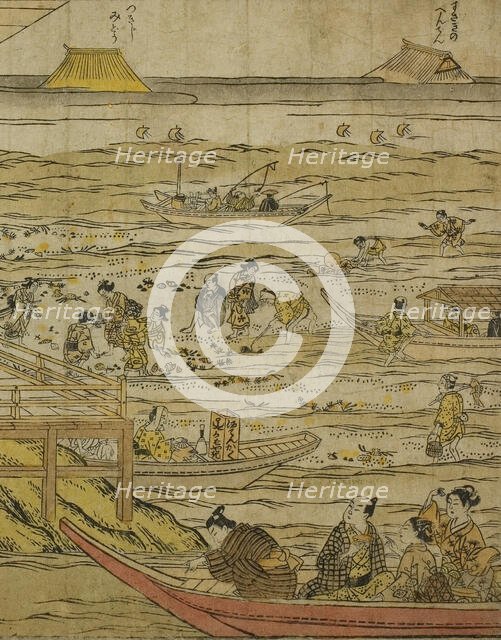 Gathering Shellfish at Low Tide at Shinagawa (Shinagawa shiohigari no zu), 1740s. Creator: Furuyama Moromasa.