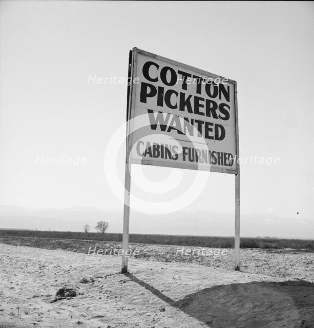 Sign on U.S. 99 main highway between Los Angeles and San Francisco, Kern County, California, 1939. Creator: Dorothea Lange.