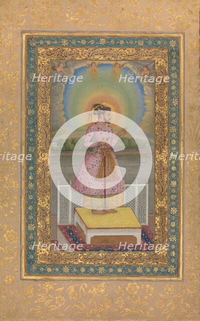 Shah Jahan on a Terrace, Holding a Pendant Set With His Portrait, Folio..., 1627-28. Creator: Chitarman.