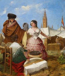 Courting at a Ring-Shaped Pastry Stall at the Seville Fair. Artist: Benjumea, Rafael (c. 1825-c. 1887)