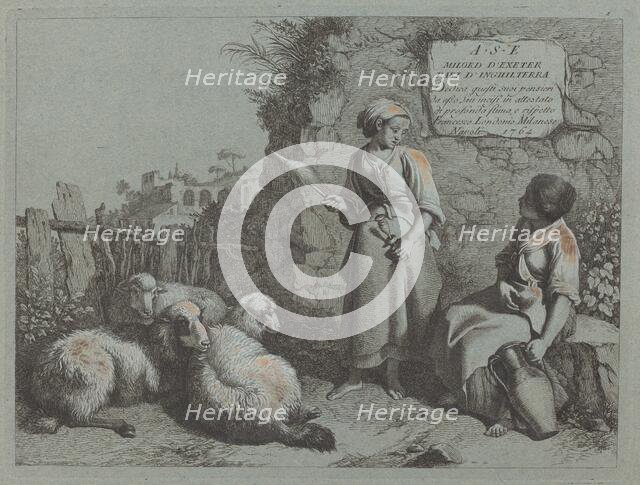 Two Girls Conversing: One Standing and Spinning, 1764. Creator: Francesco Londonio.