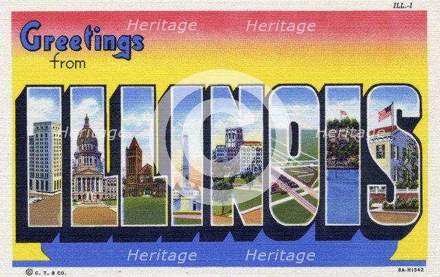 'Greetings from Illinois', postcard, 1938. Artist: Unknown