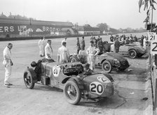 Alvis and Lea-Francis cars at the JCC Double Twelve race, Brooklands, 8/9 May 1931. Artist: Bill Brunell.