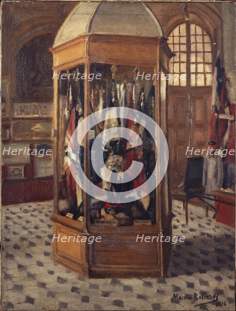 Showcase of flags at the War Museum, Les Invalides, 1916. Creator: Massia Bibikoff.
