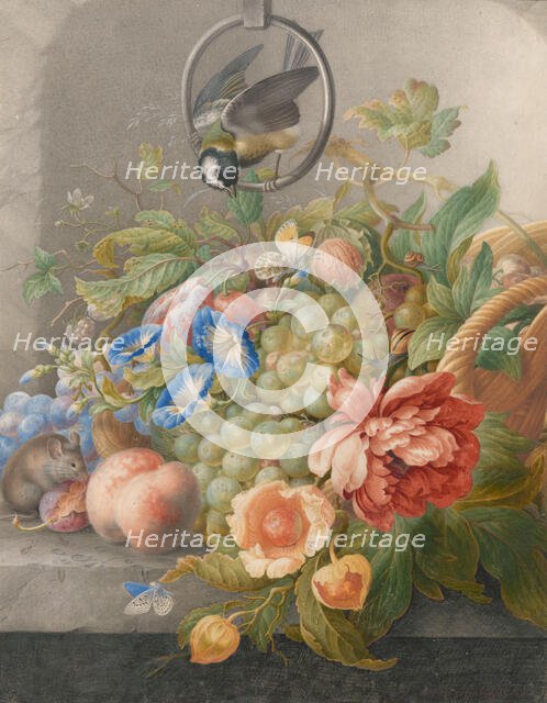 Still Life with Flowers, Fruit, a Great Tit and a Mouse, c.1700-c.1710. Creator: Herman Henstenburgh.