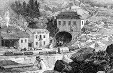 Entrance of the railroad in Saint - Gotthard tunnel in Swiss Alps, engraving, 1882.