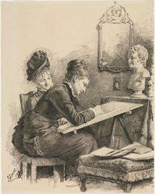 Two Women Sketching a Sculpture, 1878. Creator: Gabriel von Hackl (German, 1843-1926).