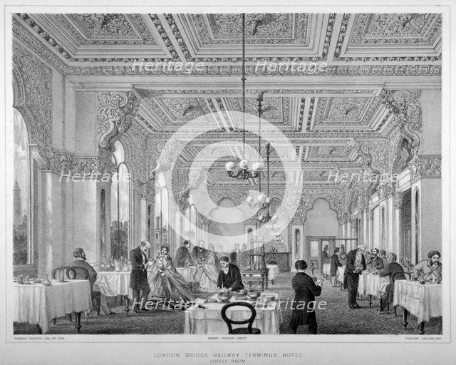 The coffee room in the London Bridge Railway Terminus Hotel, Bermondsey, London, 1860.               Artist: Vincent Brooks