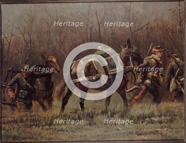 Military scene: mobile units leading ambulance mules (fragment of the panorama of Champigny), 1881. Creator: Jean Baptiste Edouard Detaille.