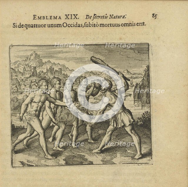 Emblem 19. If you kill one of the four, soon they will all die, 1618. Creator: Merian, Matthäus, the Elder (1593-1650).
