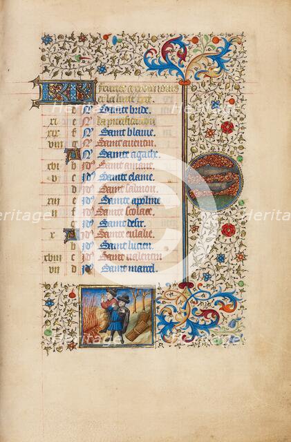 February Calendar Page: Keeping Warm: Pisces; Book of Hours, about 1440-1450. Creator: Workshop of the Bedford Master.