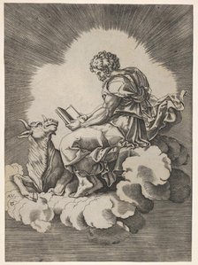 St. Luke, seated on a cloud with an open book in both hands, a bull lying at his fee..., after 1518. Creator: Unknown.