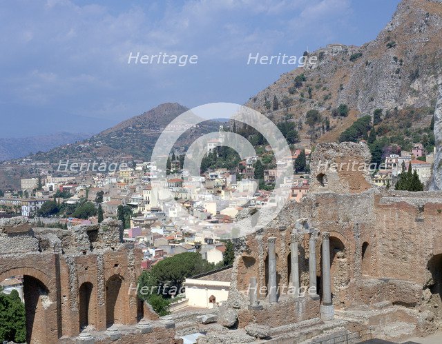 Greek theatre and town, Taormina, Sicily, Italy. 