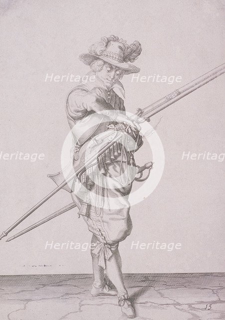 Figure in military clothing holding a musket and wearing a sword, 1607. Artist: Anon