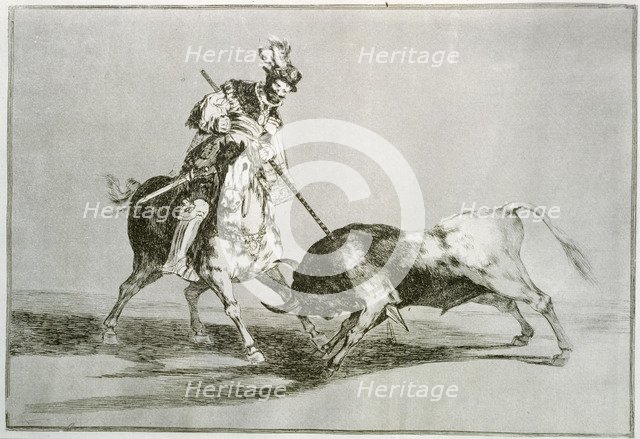 Bullfighting, series of etchings by Francisco de Goya, plate 11: 'El Cid Campeador lancenado otro…