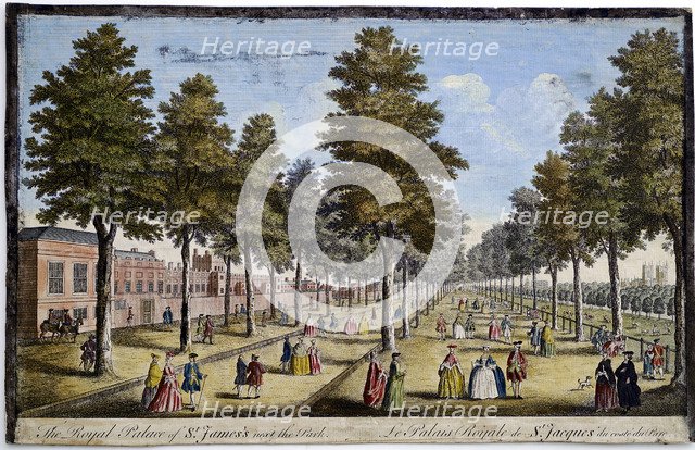 St James' Palace and Park, London, showing formal planting of trees in avenues, 1750. Artist: Unknown