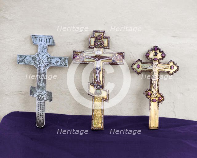 Crosses - A gift from Fedor, Kirill and Nataliia Naryshkin, Trinity Monastery, Aleksandrov, 1911. Creator: Sergey Mikhaylovich Prokudin-Gorsky.
