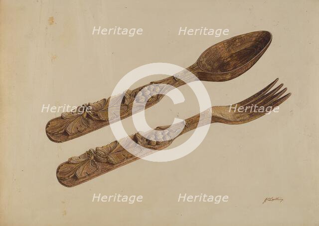 Wooden Spoon and Fork, c. 1939. Creator: John Cutting.