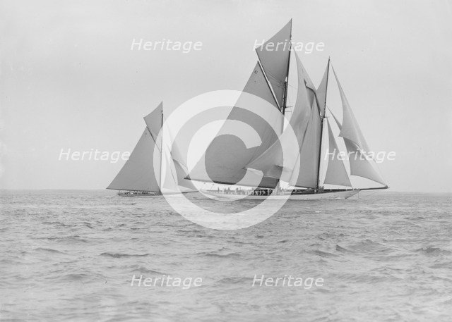 The schooner 'Germania' and cutter 'White Heather', 1913. Creator: Kirk & Sons of Cowes.