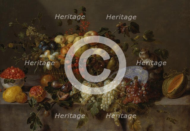 Still Life with Fruit and a Monkey eating Grapes, 1635. Creator: Adriaen van Utrecht.