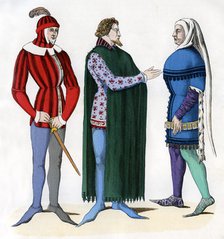 Valet and lords in 14th century costume, 1882-1884. Artist: Unknown
