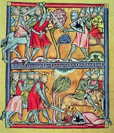 Fighting of Charlemagne with the paladins against the Saracens, Miniature in 'Charlemagne and the…