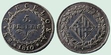 Five silver pesetas - Napoleonic occupation, obverse and reverse, 19th century. Creator: Cinco pesetas de plata. Ocupación napoleónica. Ceca : Barcelona. Anverso y reverso.