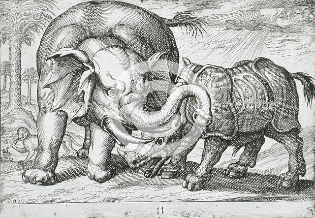 A Rhinoceros Fighting an Elephant, 1610. Creator: Hendrick Hondius I.