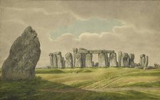 Stonehenge from the N.E., showing ruins and heel stone with cart, horse, person, 1824-1839. Artist: Henry Browne.